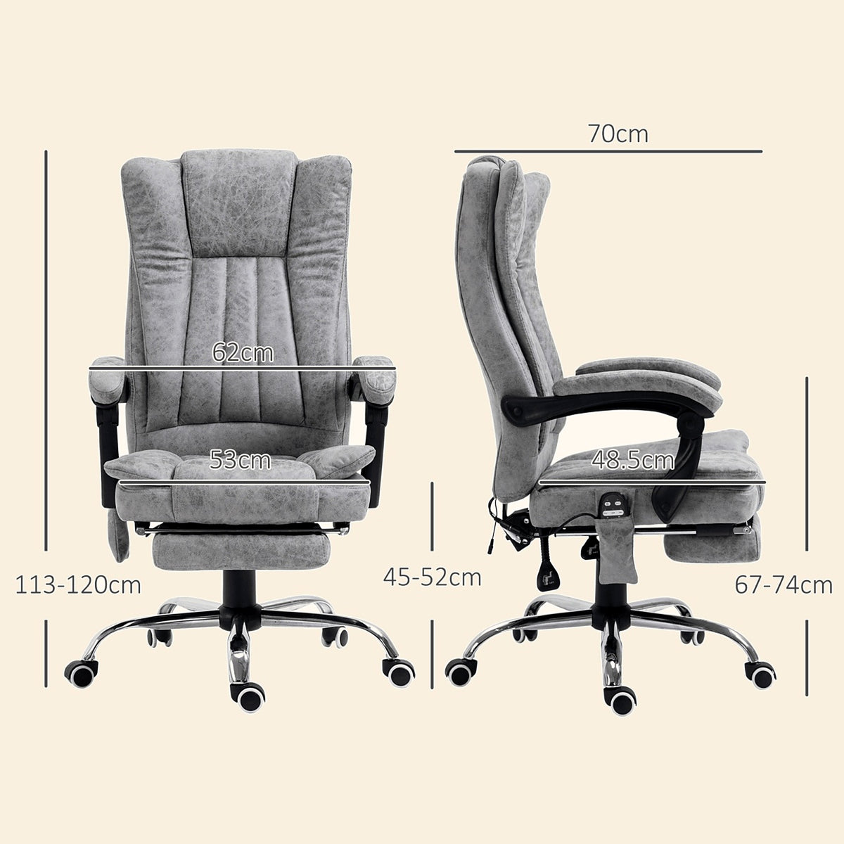 Reclining Desk Chair with 6-Point Vibration and Heat, Grey Microfibre - view 3