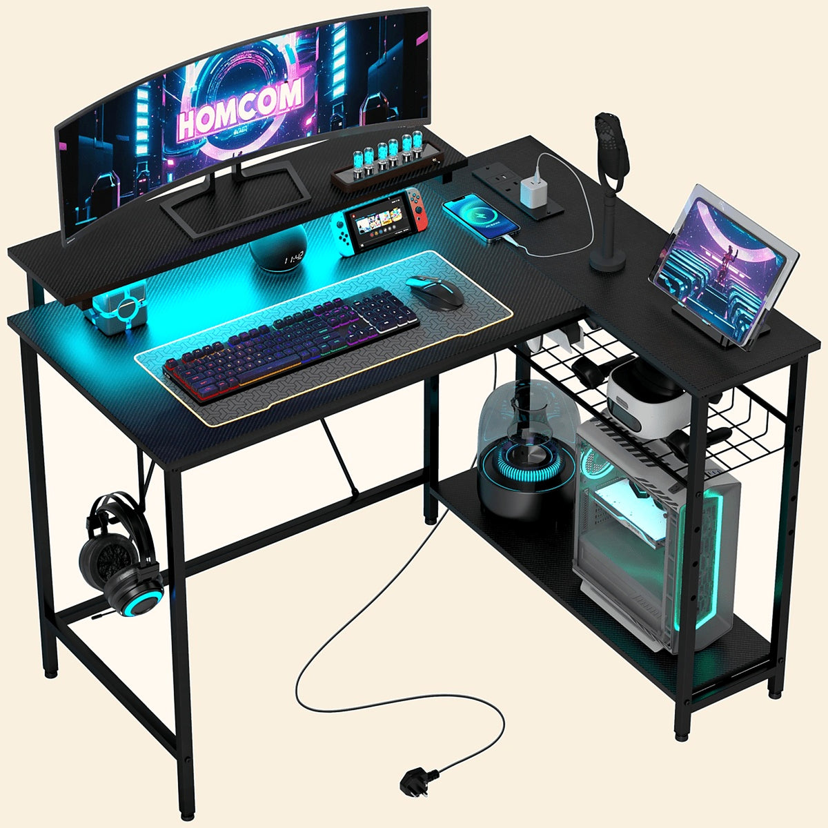 Reversible L-Shaped Desk with LED Lights, Sockets and CPU Shelf