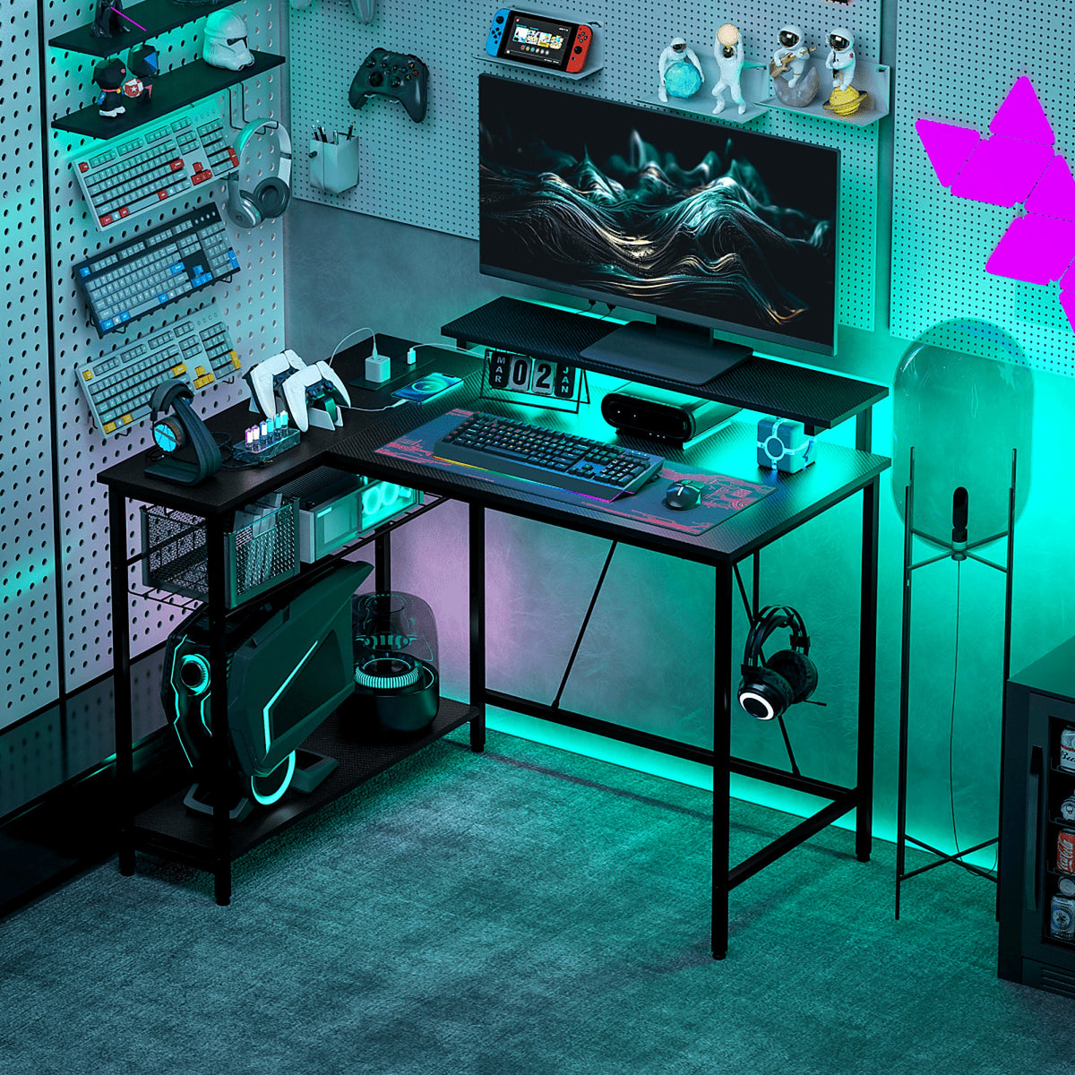 Reversible L-Shaped Desk with LED Lights, Sockets and CPU Shelf - view 2