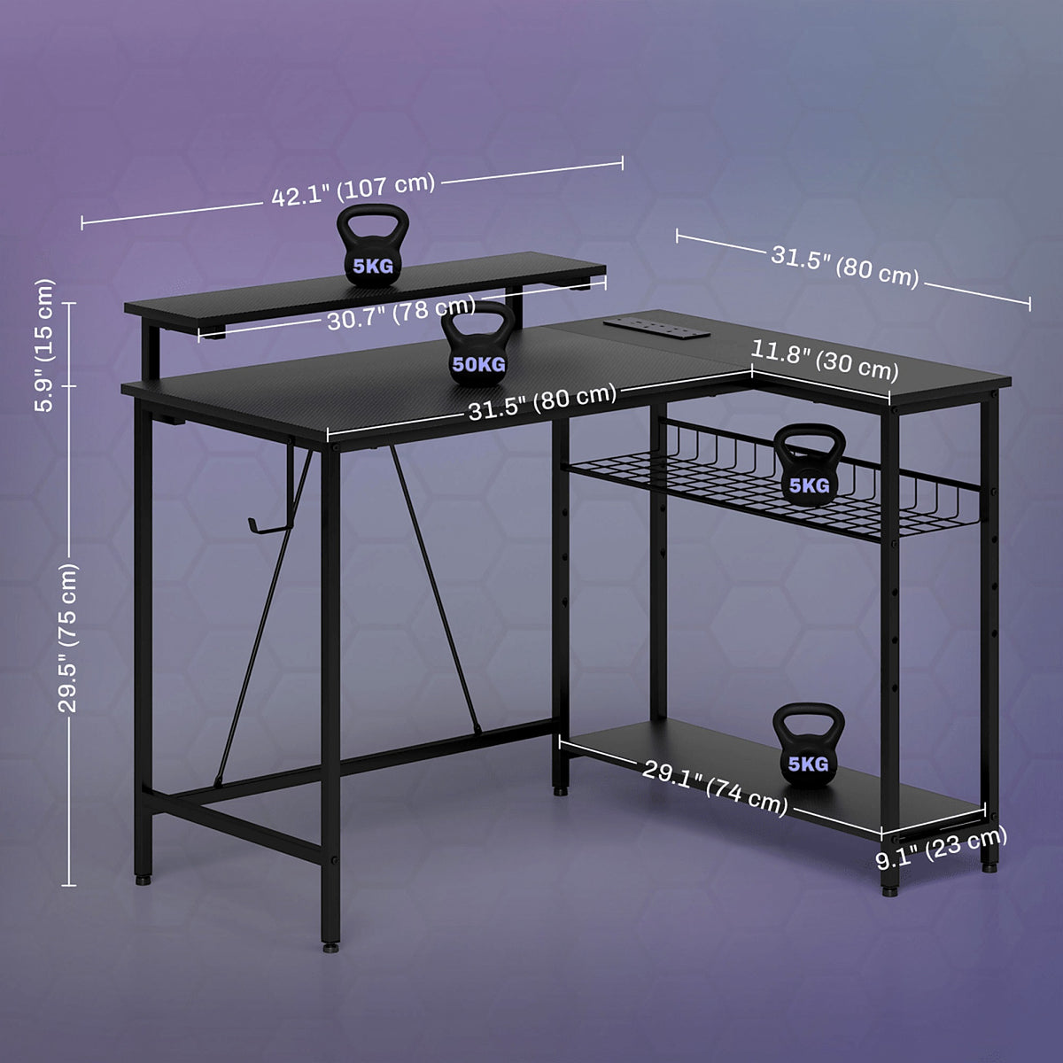 Reversible L-Shaped Desk with LED Lights, Sockets and CPU Shelf - view 3