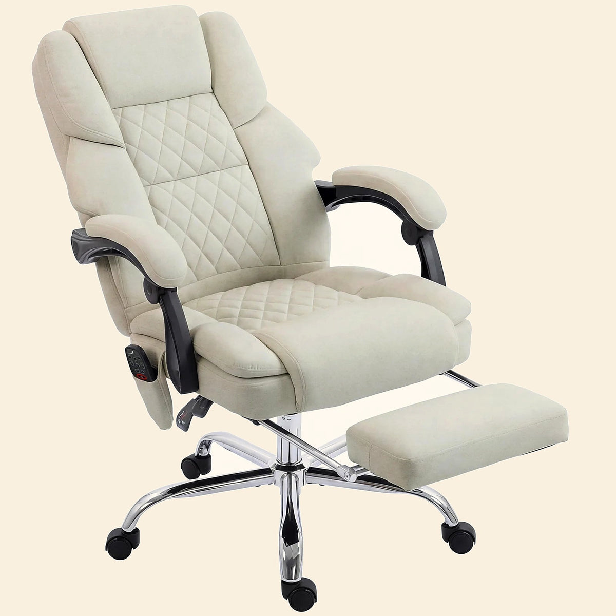 Fabric Desk Chair with Vibration Massage, Heat and Footrest, Cream