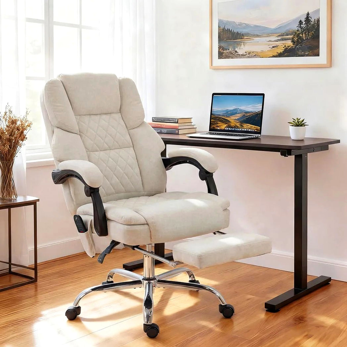 Fabric Desk Chair with Vibration Massage, Heat and Footrest, Cream - view 3