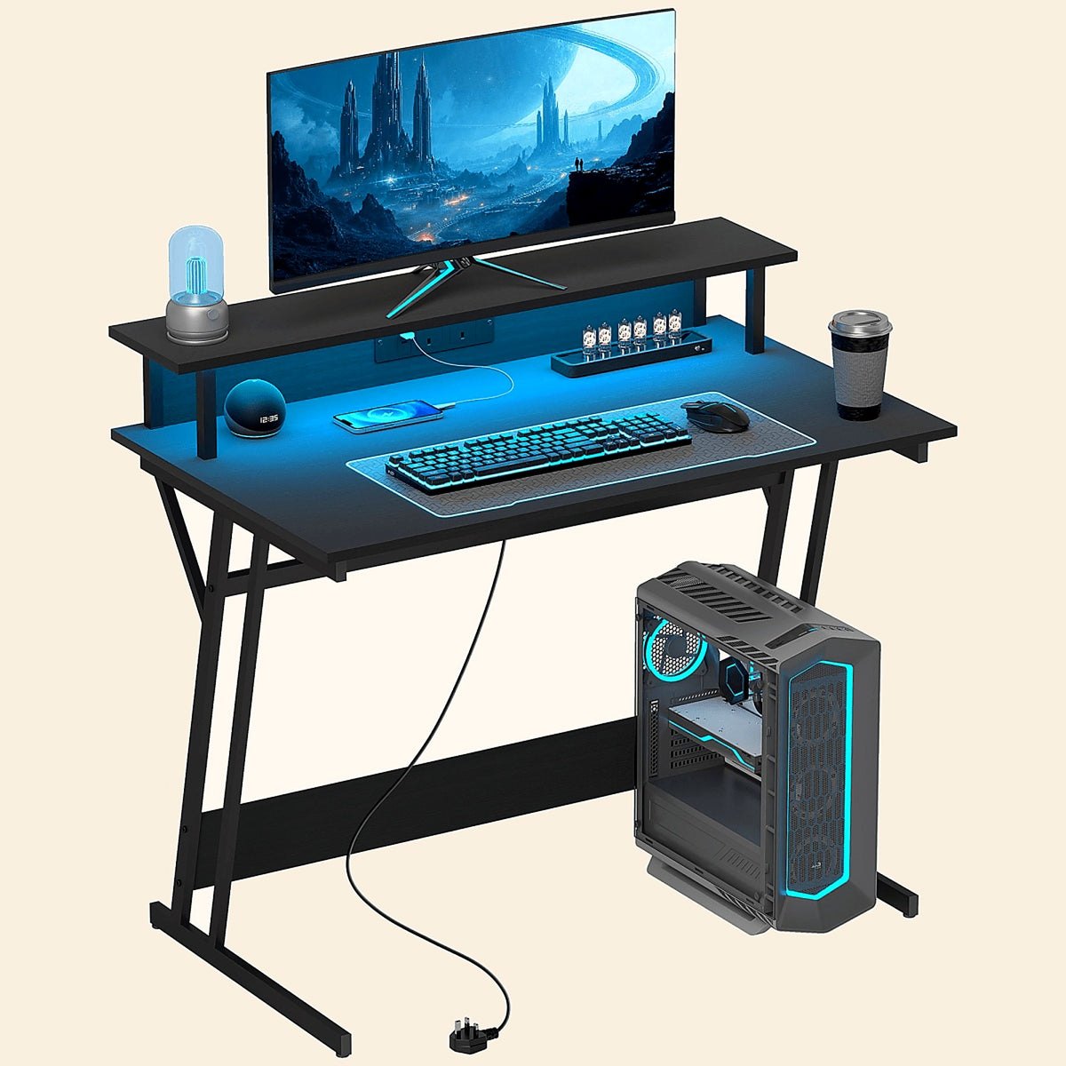 100 × 60 cm Desk with Monitor Stand, LED Lights and Sockets, Black