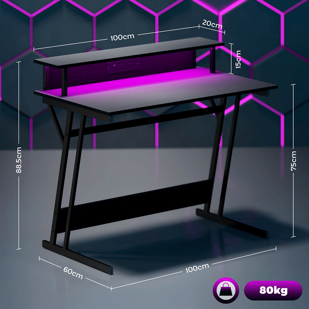 100 × 60 cm Desk with Monitor Stand, LED Lights and Sockets, Black - view 3
