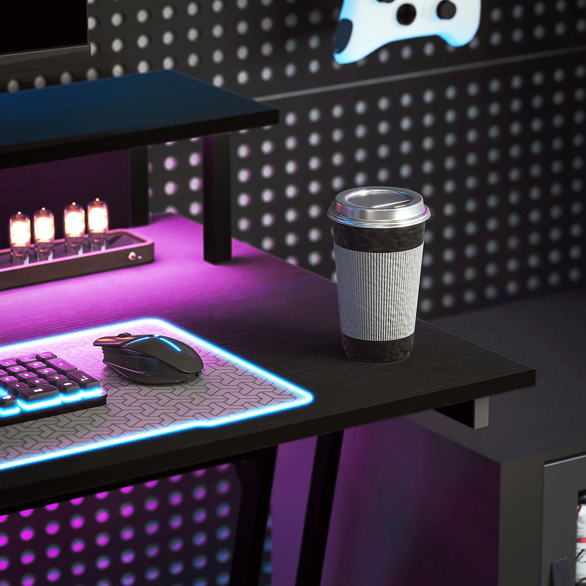 100 × 60 cm Desk with Monitor Stand, LED Lights and Sockets, Black - view 4
