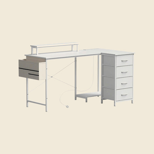 150 cm Reversible L-Shaped Desk with Drawers, Sockets and Monitor Shelf, White