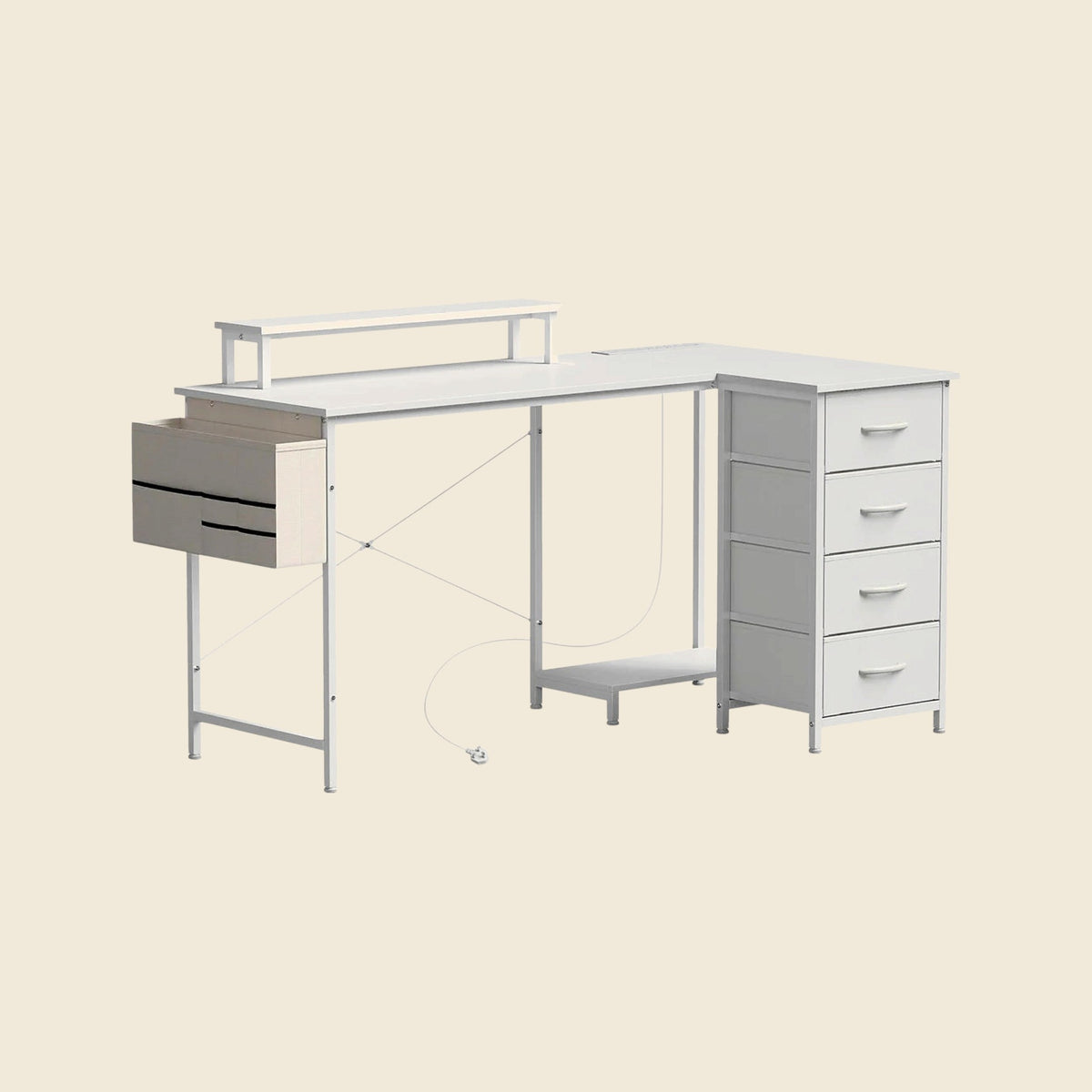 150 cm Reversible L-Shaped Desk with Drawers, Sockets and Monitor Shelf, White - view 2