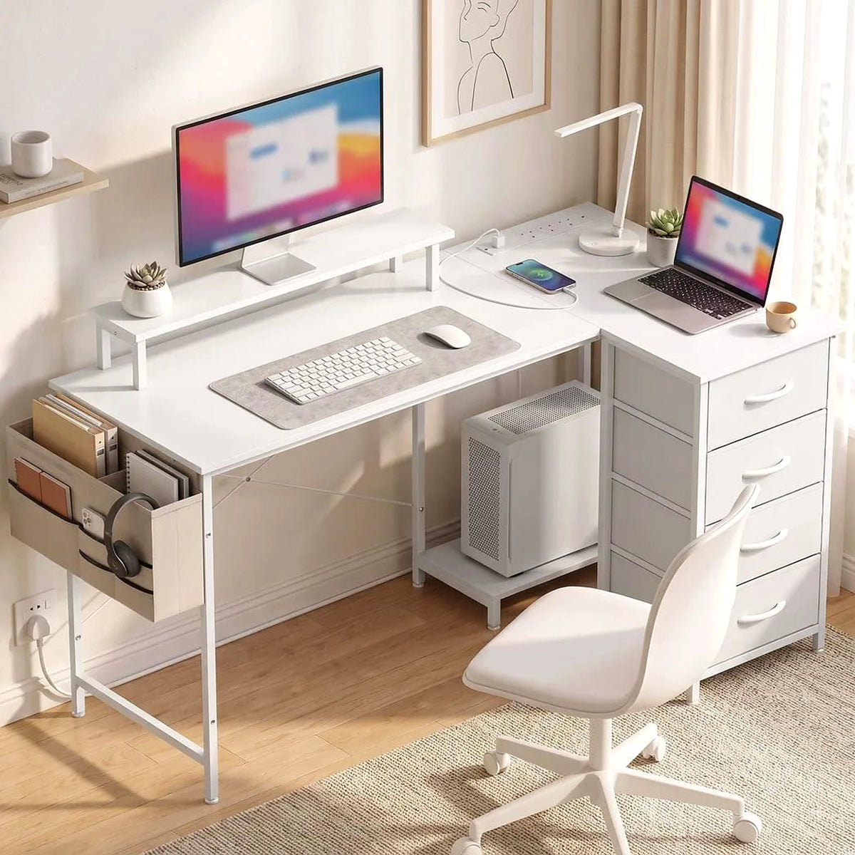 150 cm Reversible L-Shaped Desk with Drawers, Sockets and Monitor Shelf, White - view 3
