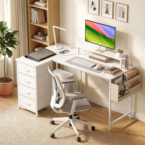 150 cm Reversible L-Shaped Desk with Drawers, Sockets and Monitor Shelf, White - view 4