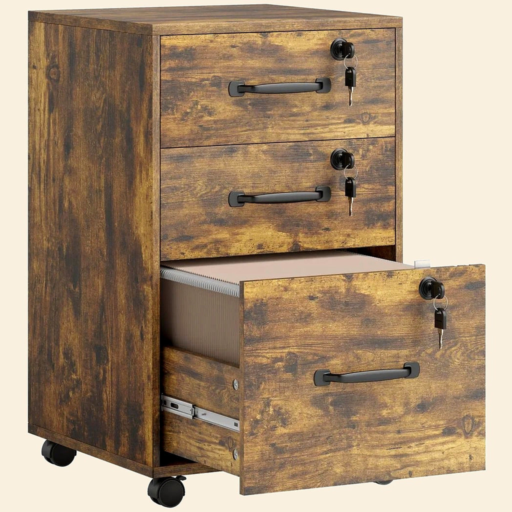 3-Drawer Wood-Effect Filing Cabinet on Wheels, Rustic Brown - view 2