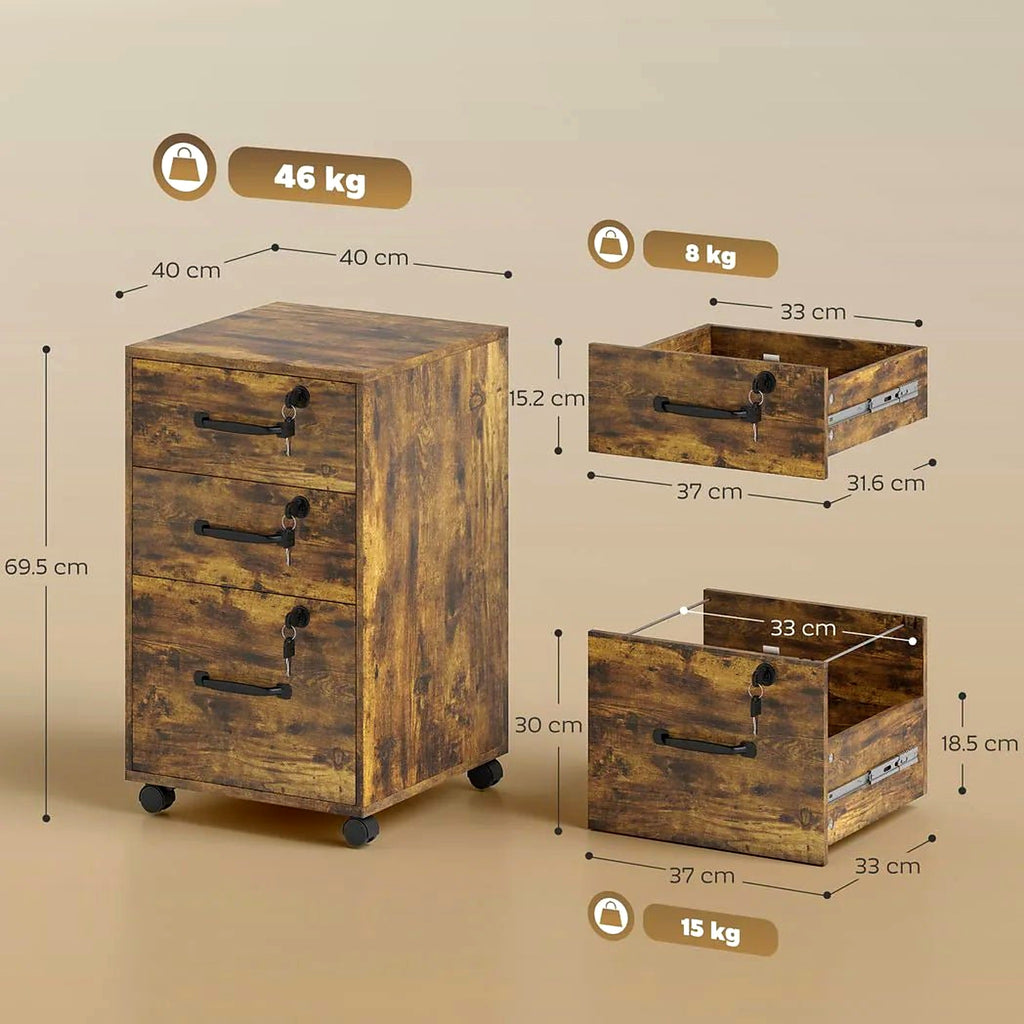 3-Drawer Wood-Effect Filing Cabinet on Wheels, Rustic Brown - view 4