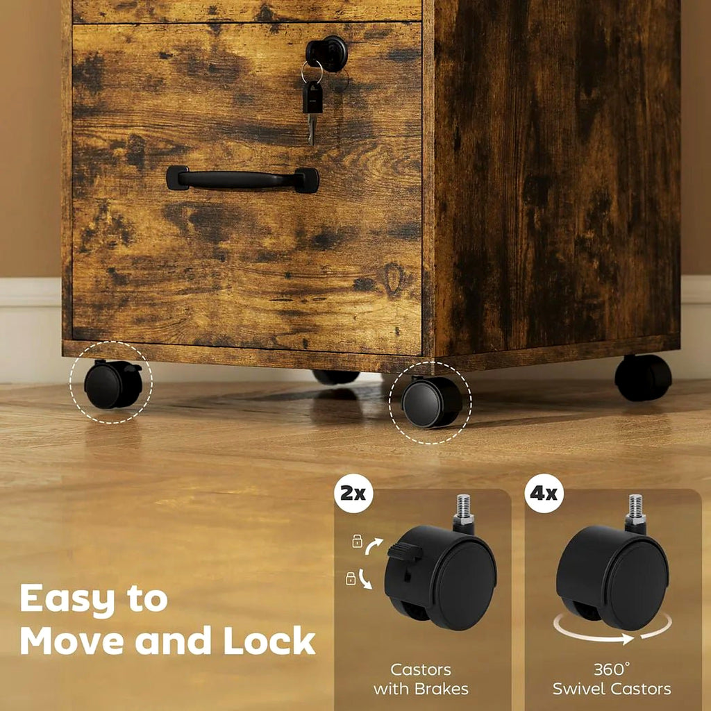 3-Drawer Wood-Effect Filing Cabinet on Wheels, Rustic Brown - view 5