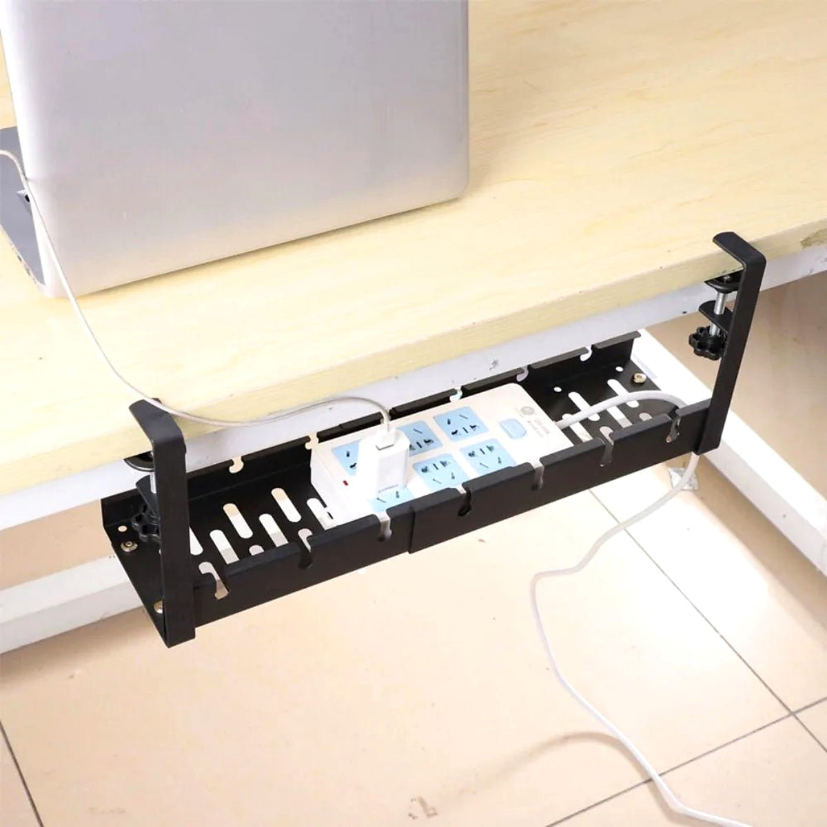 No-Drill Under-Desk Cable Tray with Clamps