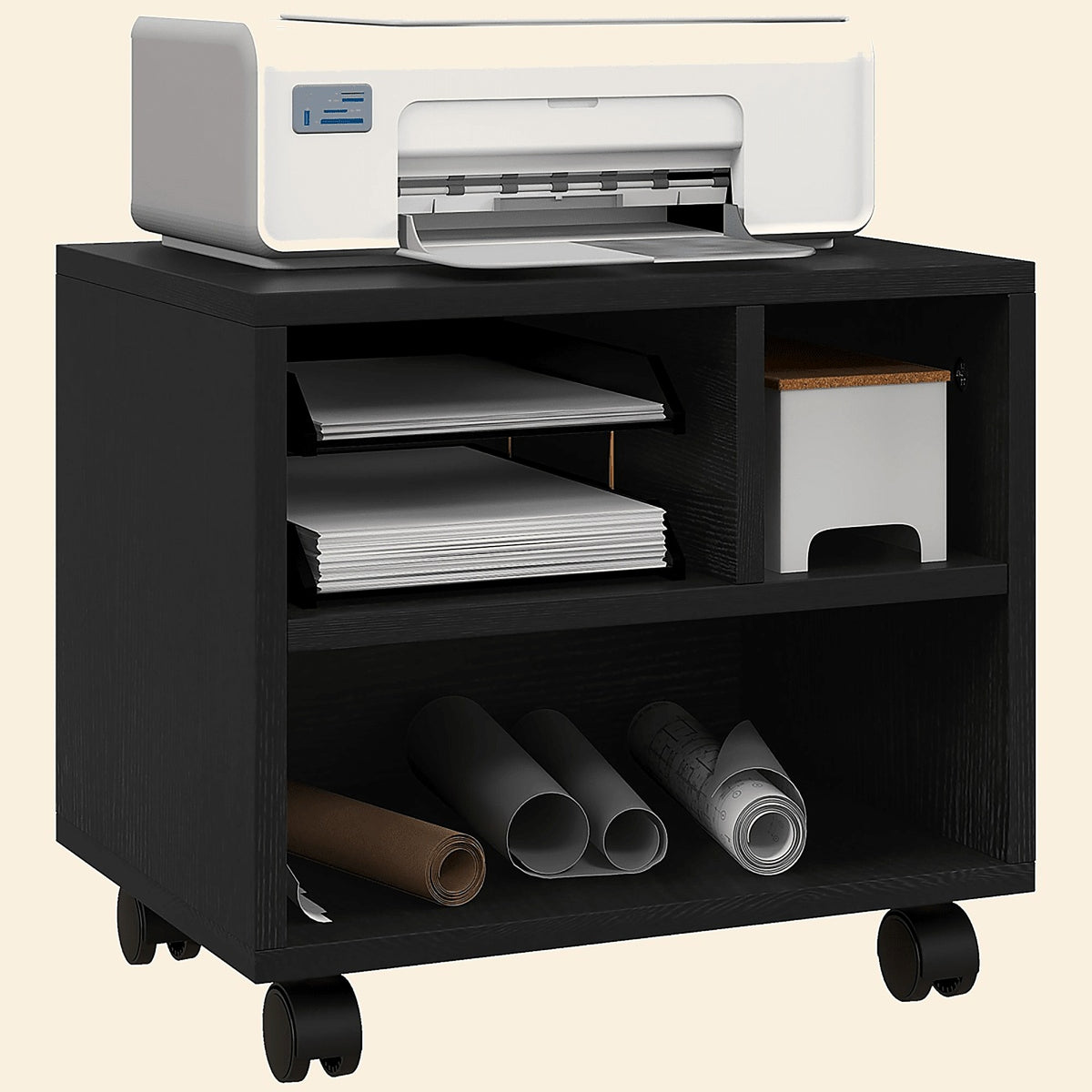 Printer Stand Cart on Wheels with 3 Compartments, Black