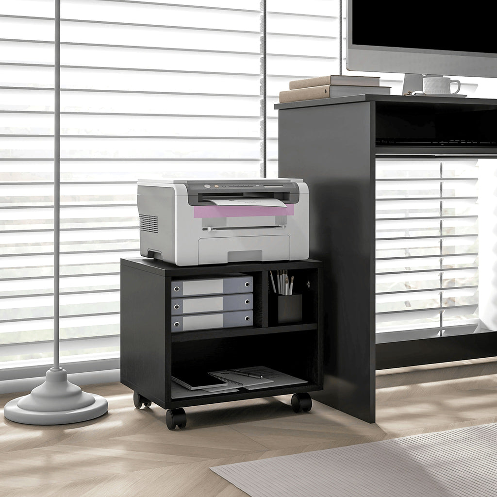 Printer Stand Cart on Wheels with 3 Compartments, Black - view 2