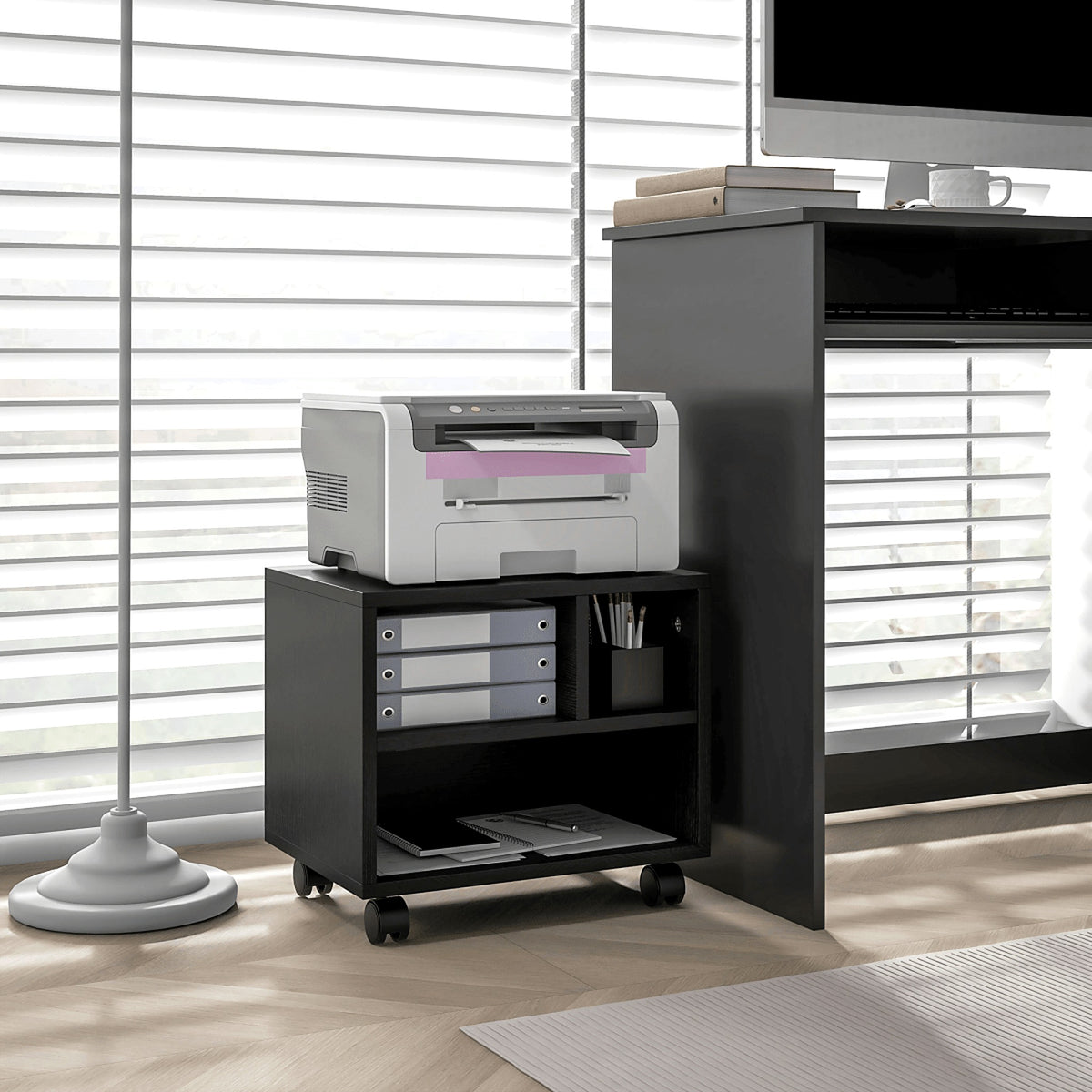 Printer Stand Cart on Wheels with 3 Compartments, Black - view 2