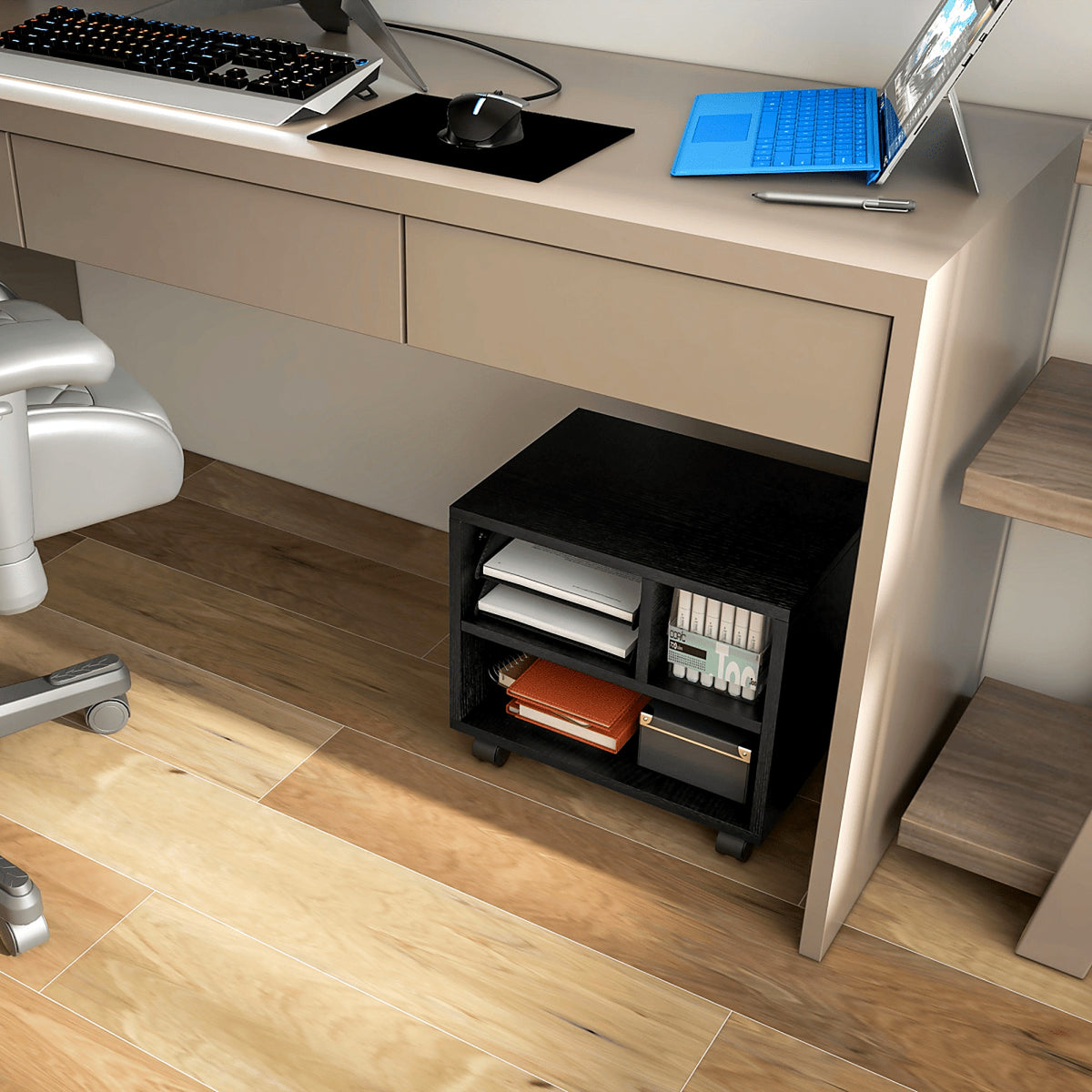 Printer Stand Cart on Wheels with 3 Compartments, Black - view 5