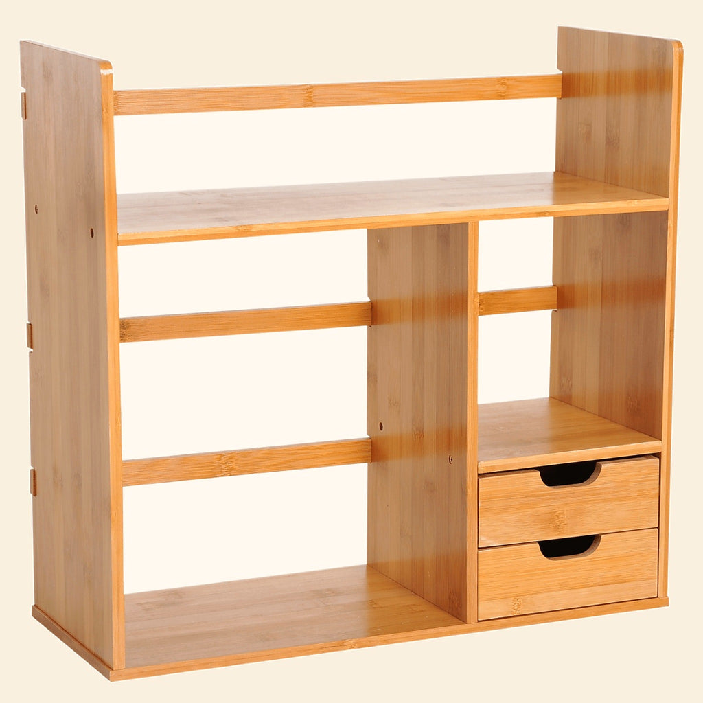 Reversible Bamboo Desk Organiser with Shelf and 2 Drawers