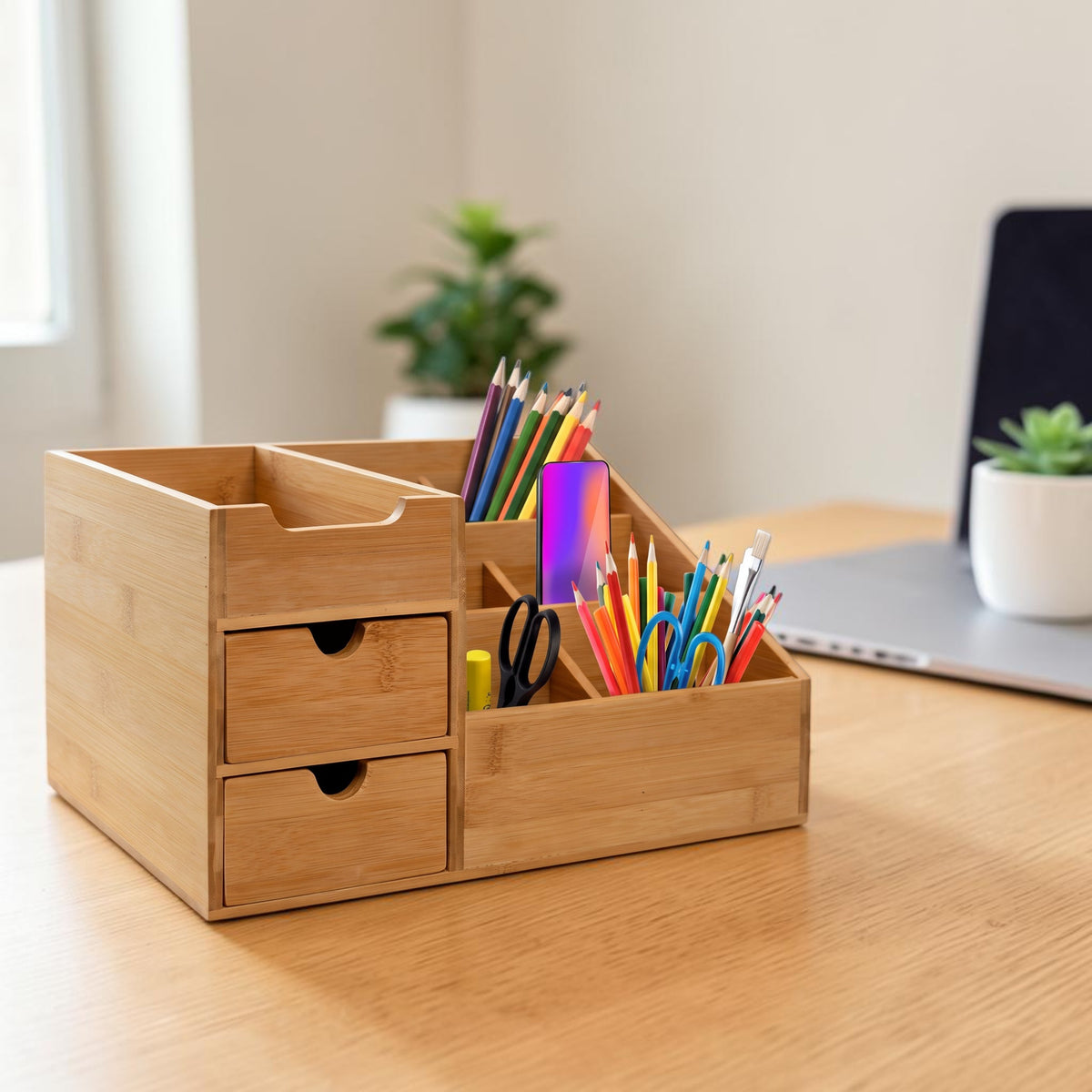Bamboo Desk Organiser with 2 Drawers and 7 Compartments - view 2