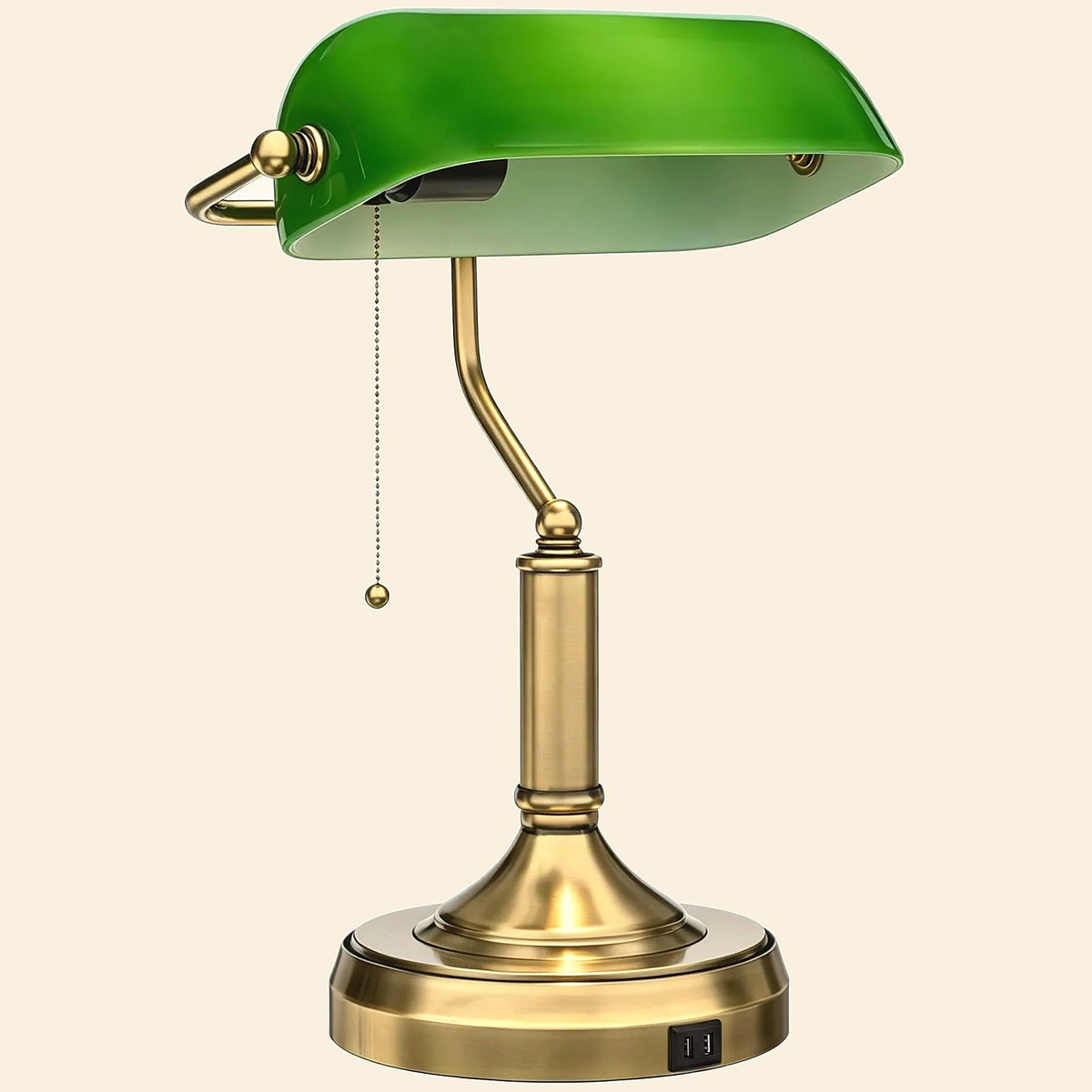 Banker's Desk Lamp with USB Ports, Green Glass Shade