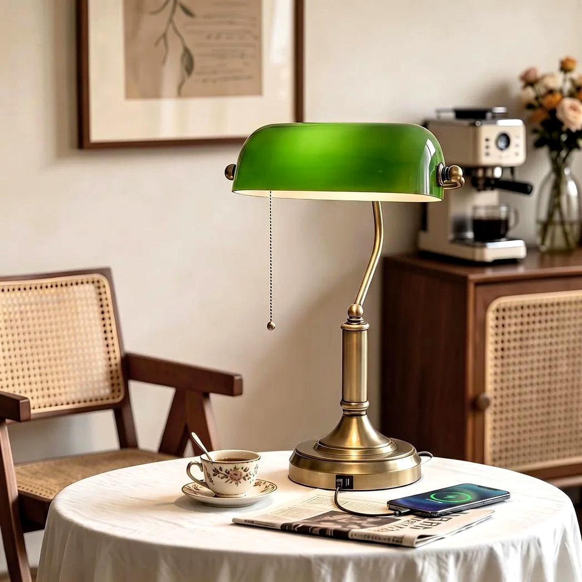 Banker's Desk Lamp with USB Ports, Green Glass Shade - view 3