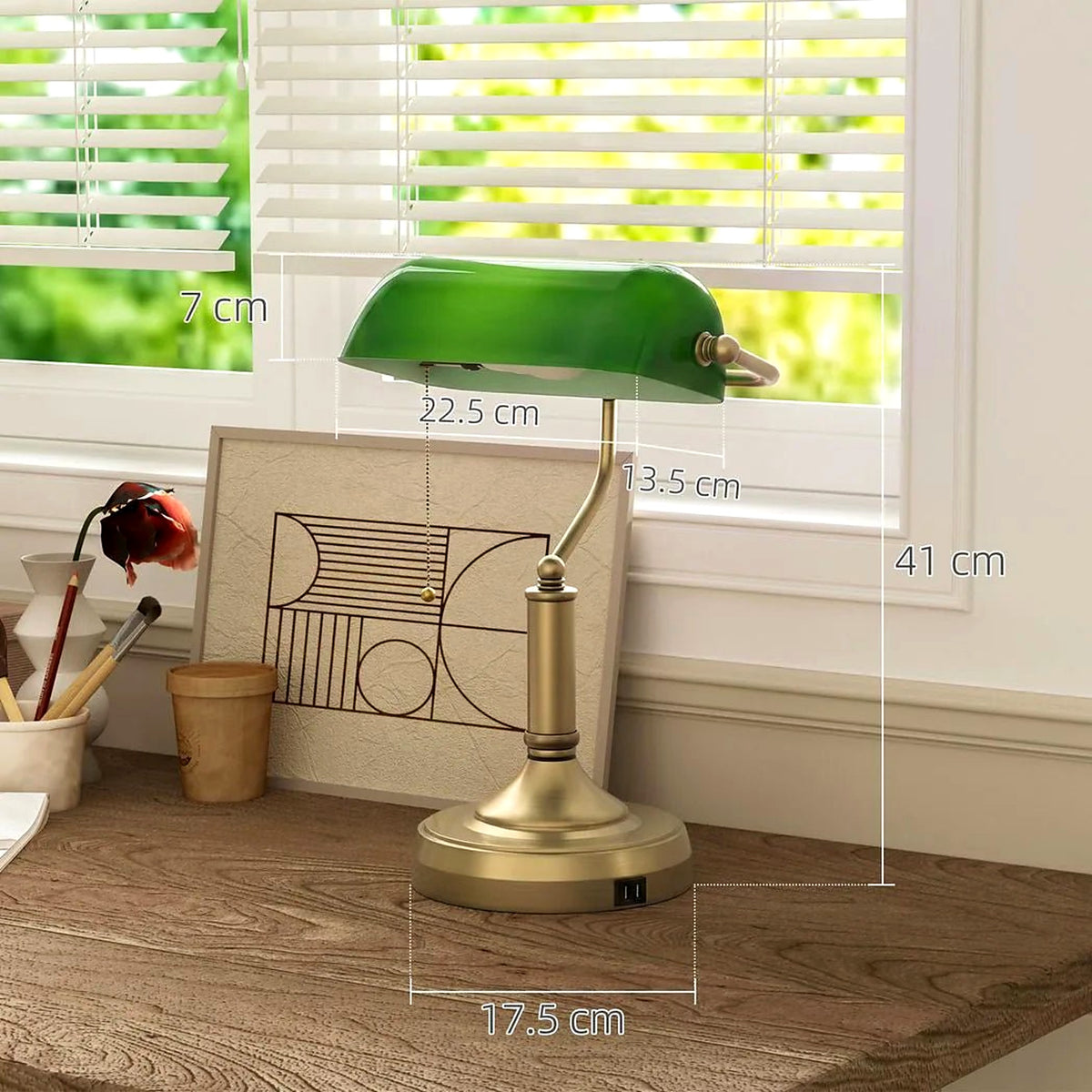 Banker's Desk Lamp with USB Ports, Green Glass Shade - view 4