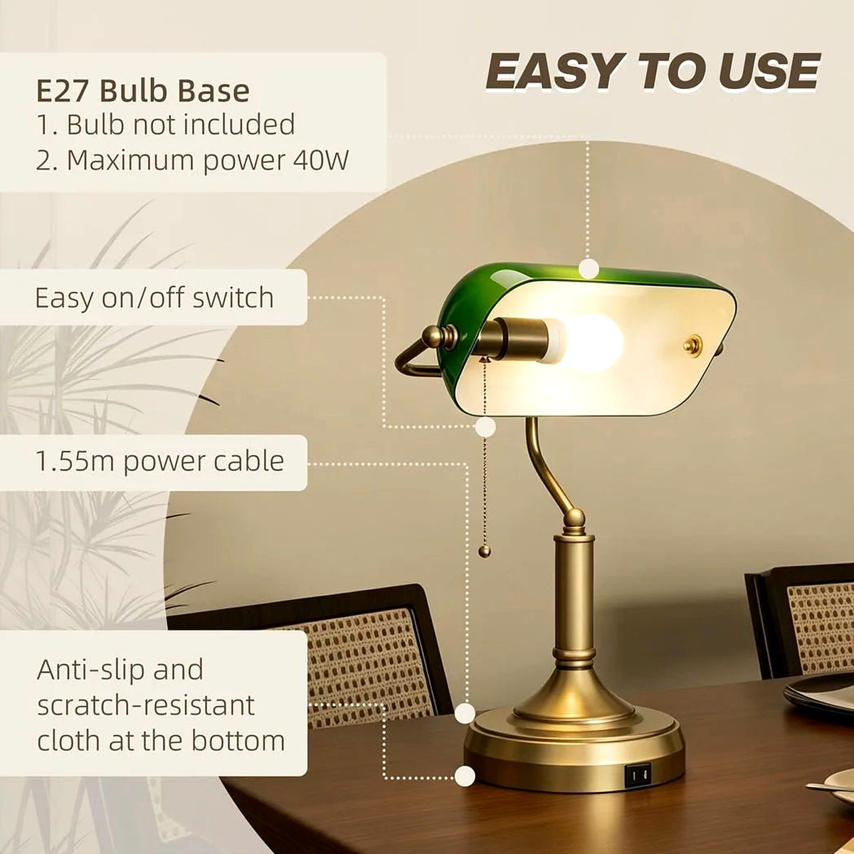 Banker's Desk Lamp with USB Ports, Green Glass Shade - view 5