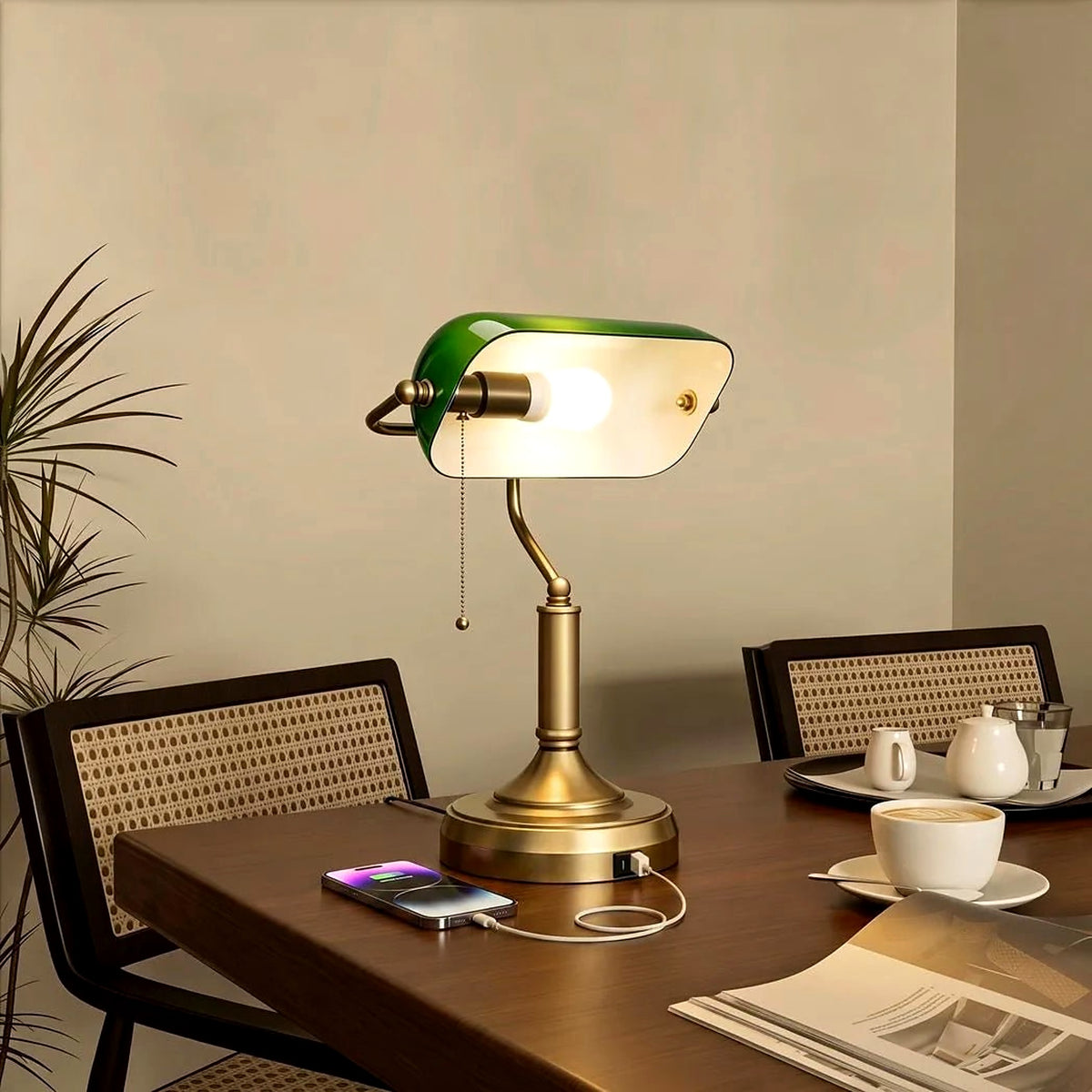 Banker's Desk Lamp with USB Ports, Green Glass Shade - view 6