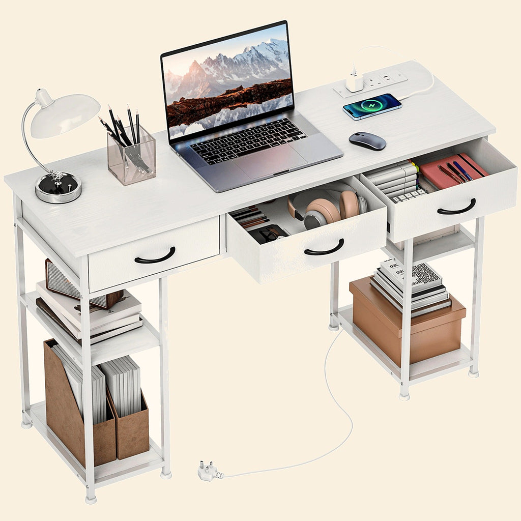120 cm Writing Desk with Charging Sockets, Fabric Drawers and Shelves - view 2