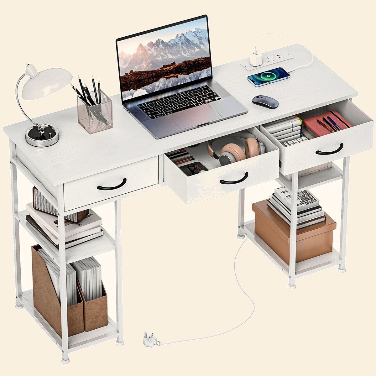120 cm Writing Desk with Charging Sockets, Fabric Drawers and Shelves - view 2