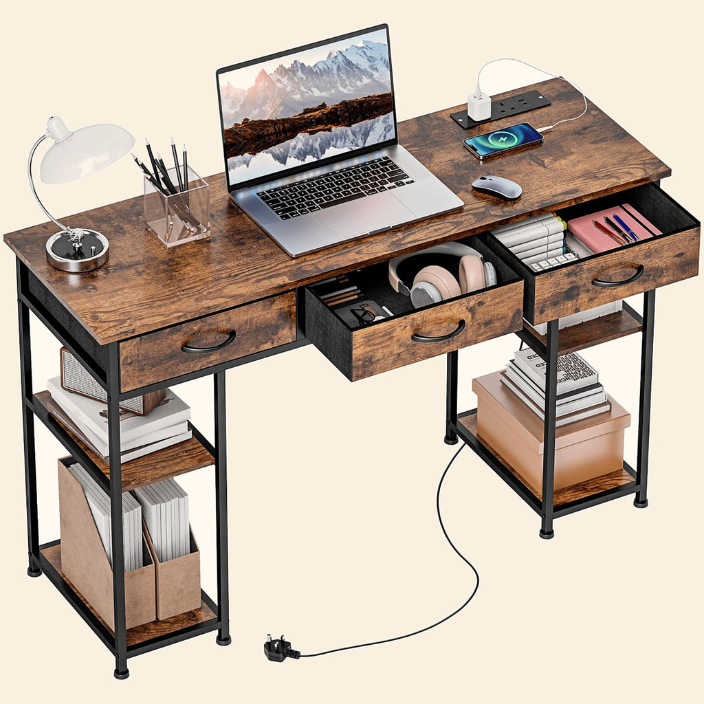 120 cm Writing Desk with Charging Sockets, Fabric Drawers and Shelves - view 4