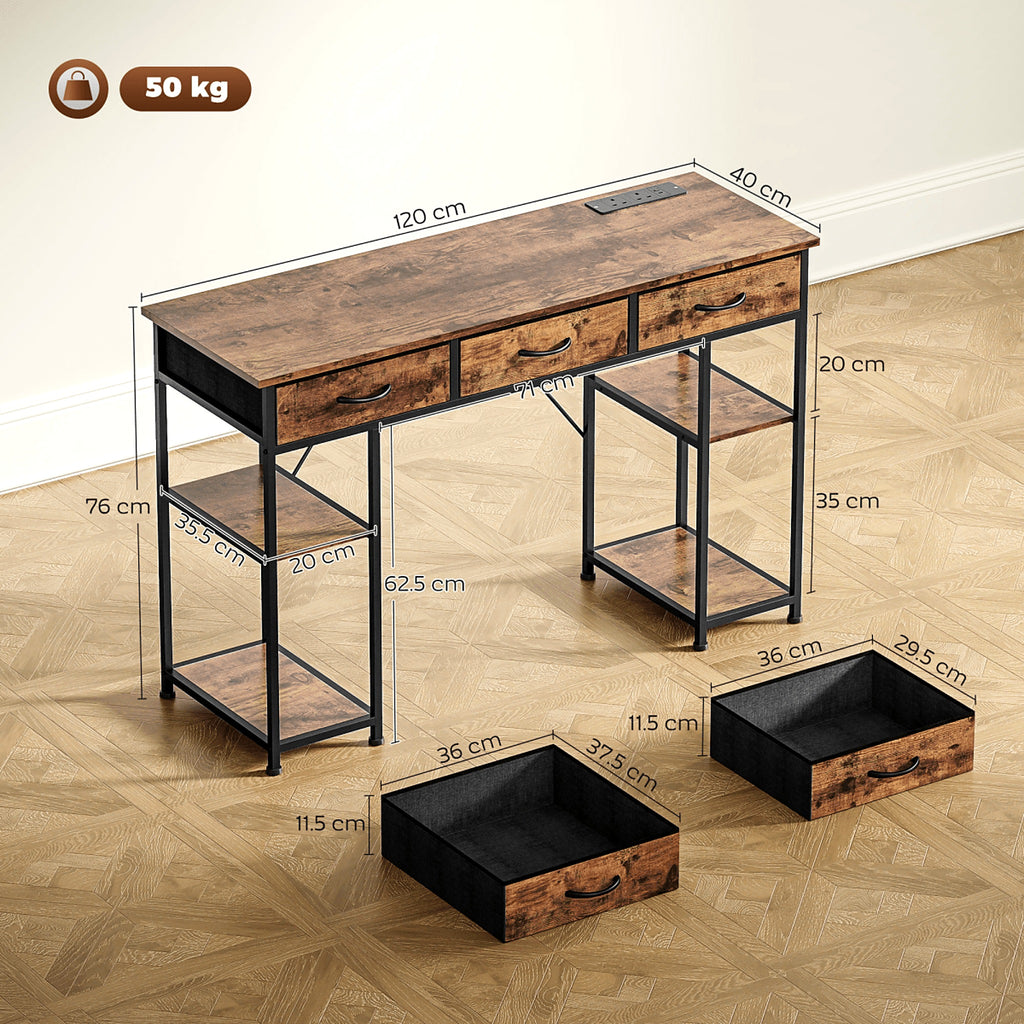120 cm Writing Desk with Charging Sockets, Fabric Drawers and Shelves - view 6