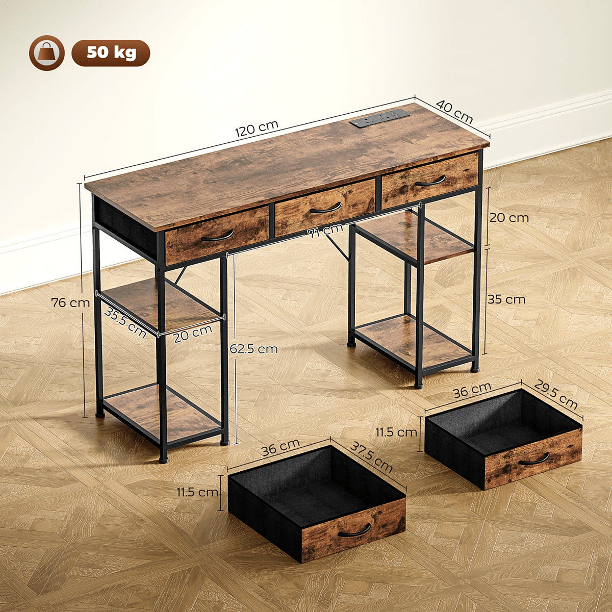 120 cm Writing Desk with Charging Sockets, Fabric Drawers and Shelves - view 6