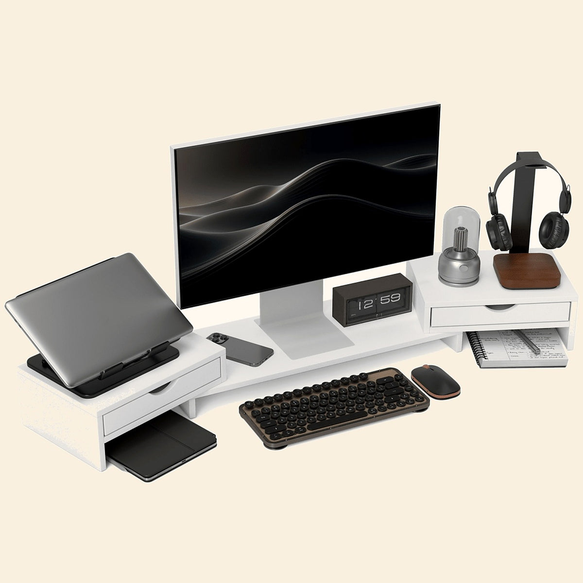Dual Monitor Stand with Drawers, Adjustable Length