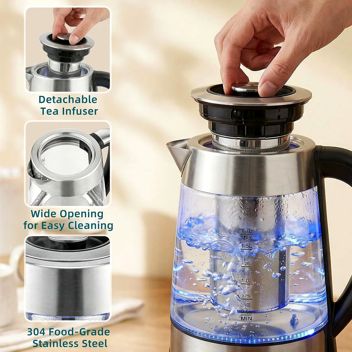 Glass electric kettle with tea infuser on the kitchen worktop