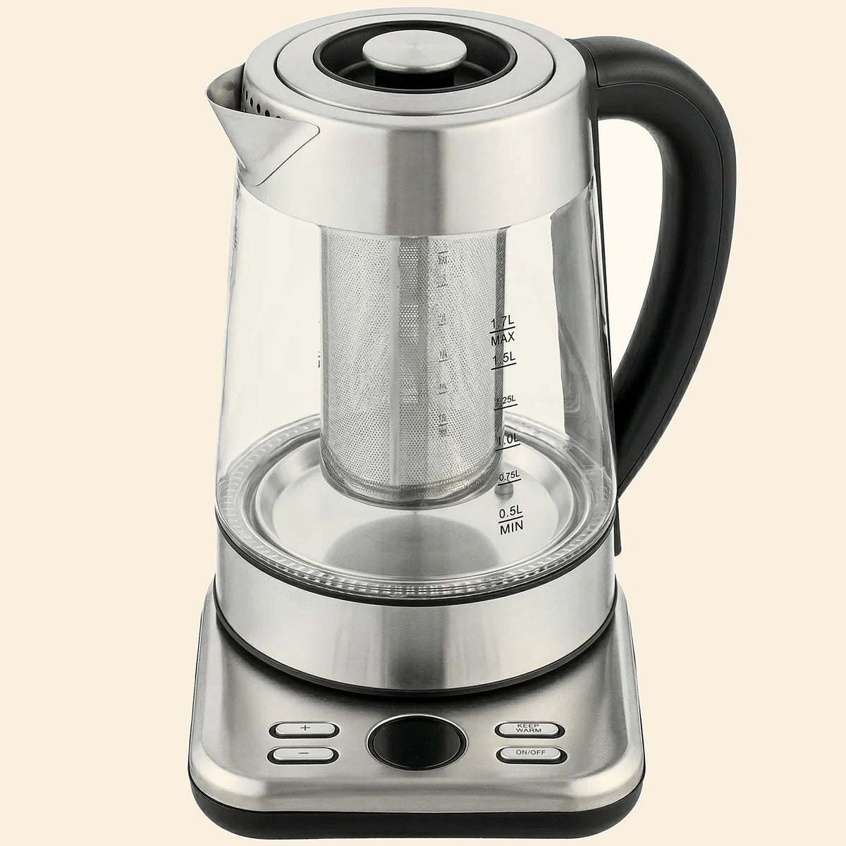 Glass electric kettle with tea infuser and temperature control