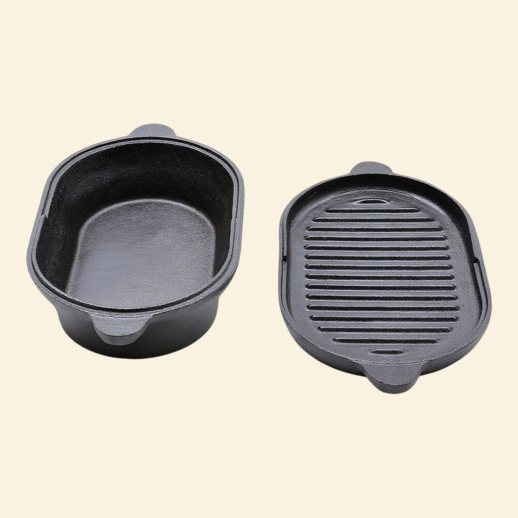 Cast iron Dutch oven and ribbed skillet lid side by side on a cream background