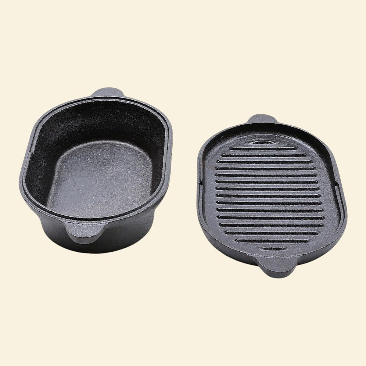 Cast iron Dutch oven and ribbed skillet lid side by side on a cream background