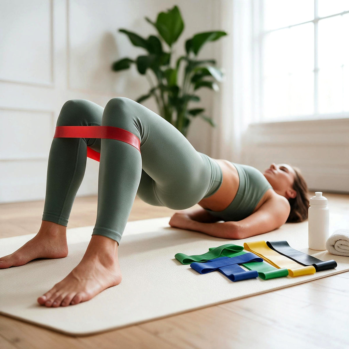 Resistance loop band used for a glute bridge at home