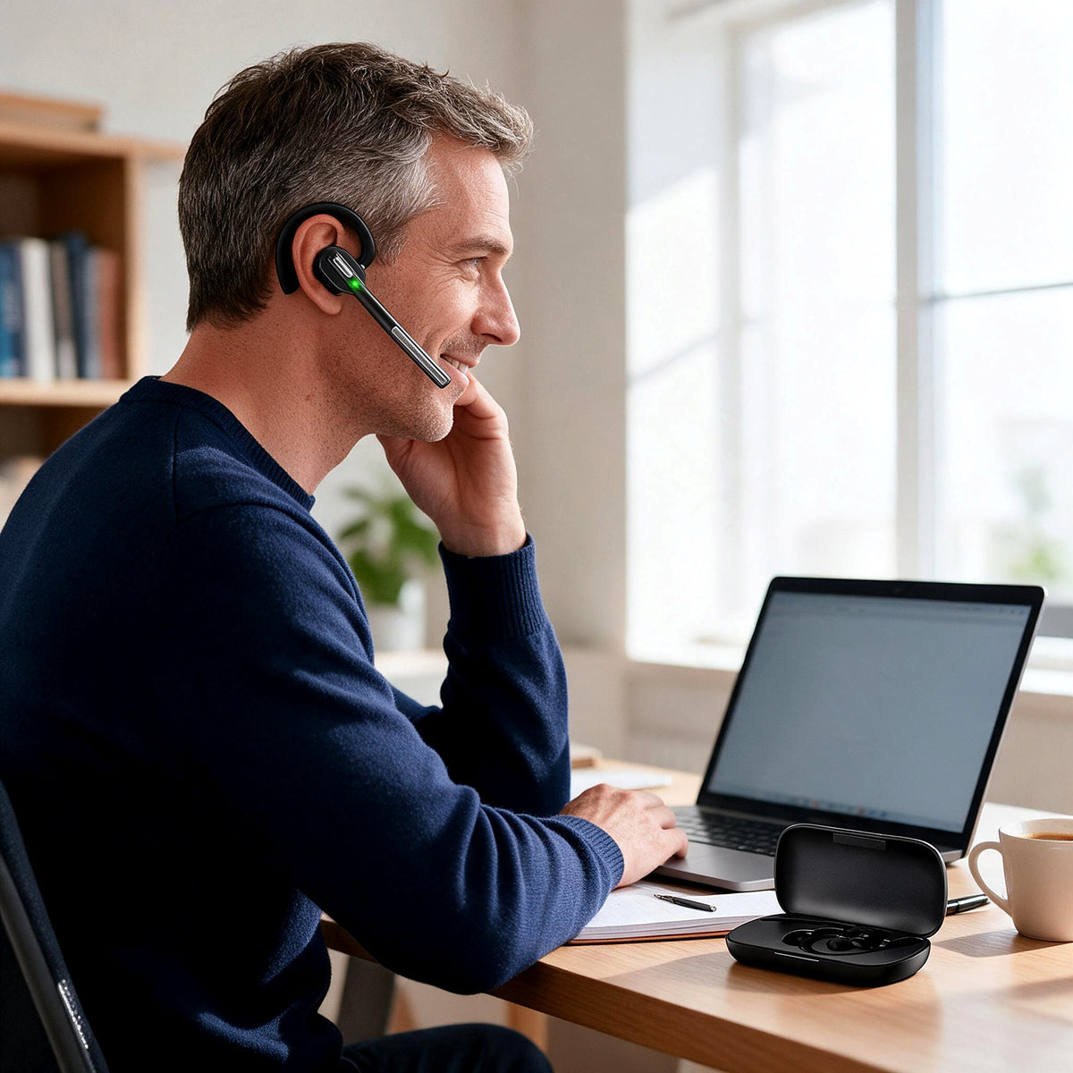 One-ear wireless headset worn on a call at a home desk