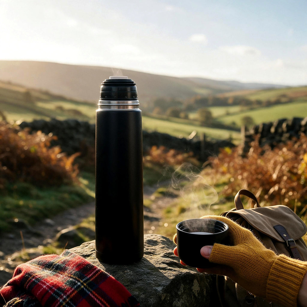 Matt black vacuum flask with a cup of tea on a countryside walk