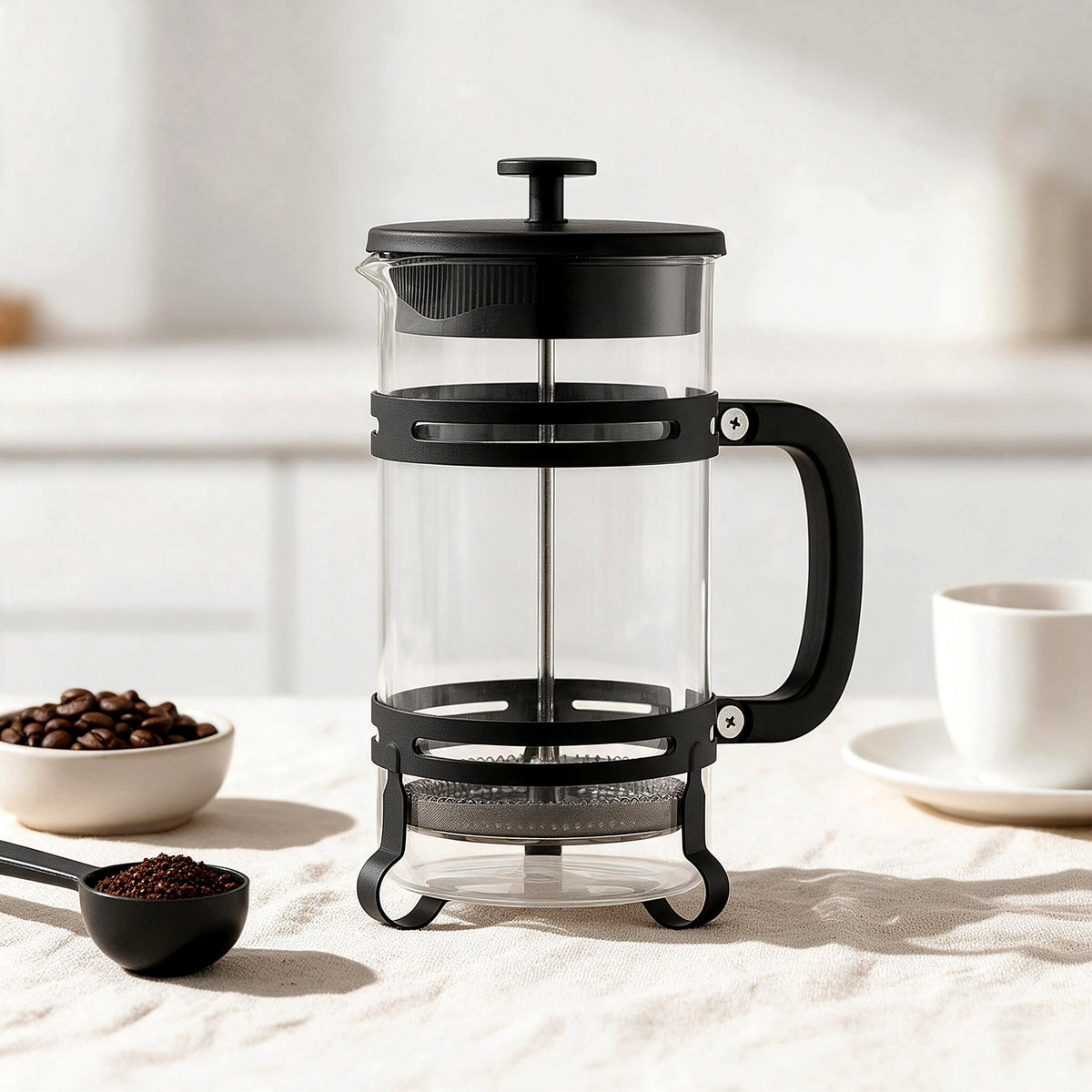 1 L glass cafetière on a kitchen counter