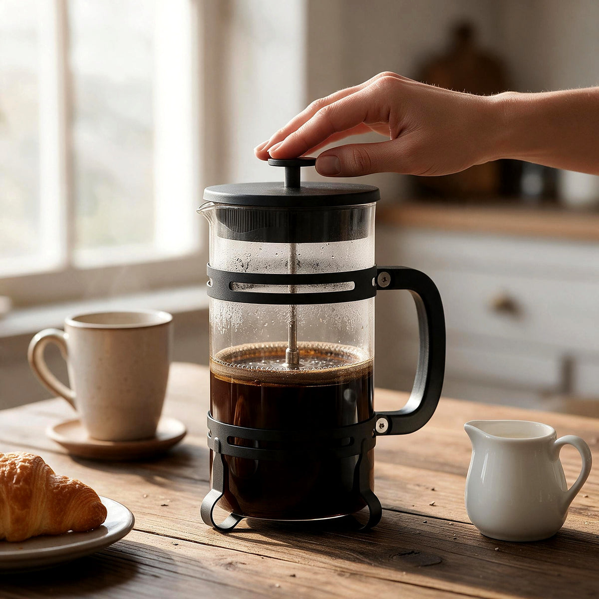 Pressing the plunger of the glass cafetière at breakfast