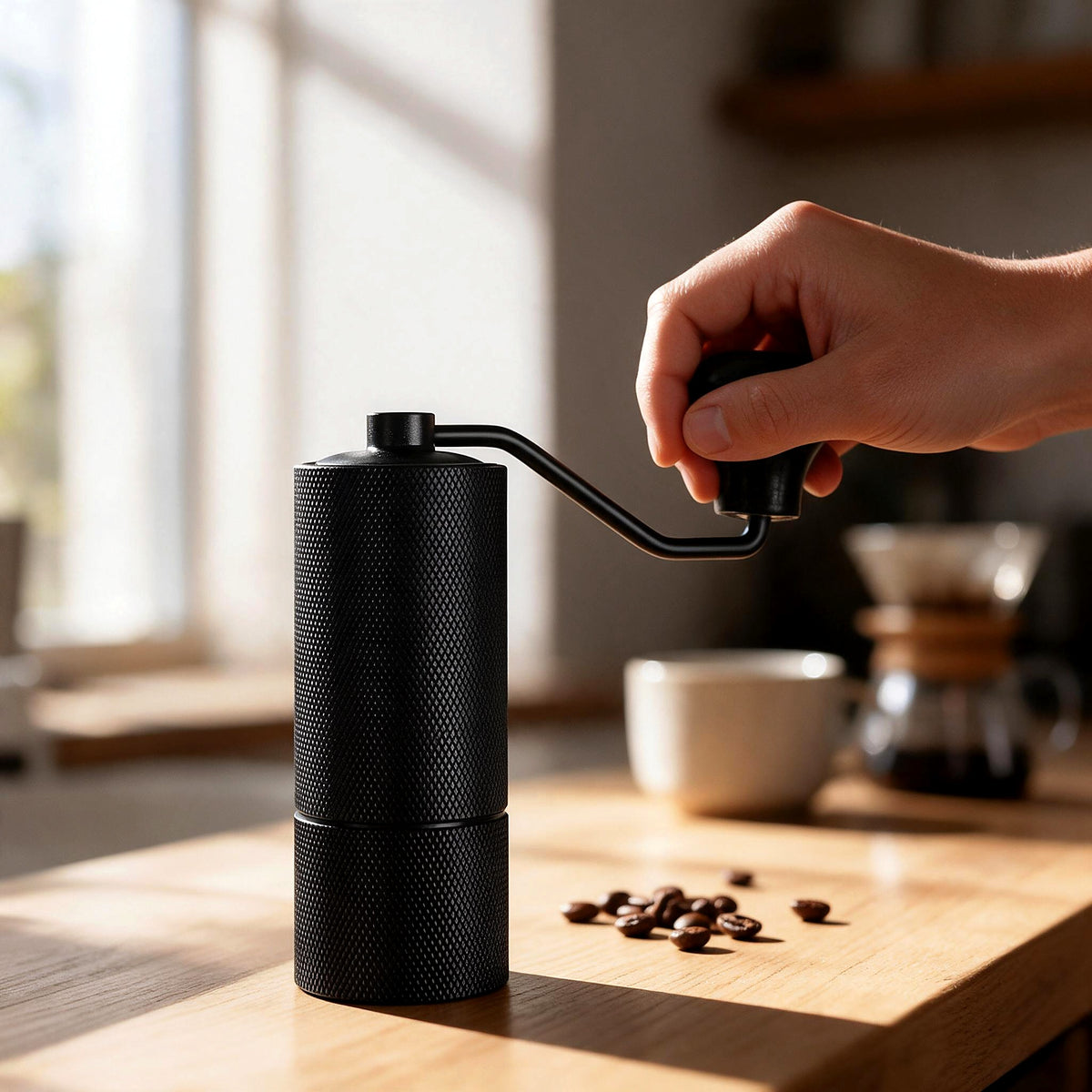 Grinding coffee beans with the manual coffee grinder