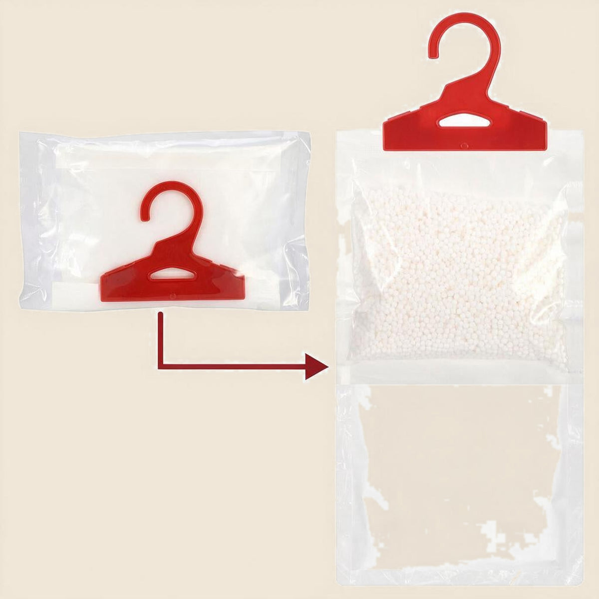 Remove the outer wrapper and hang the moisture absorber bag