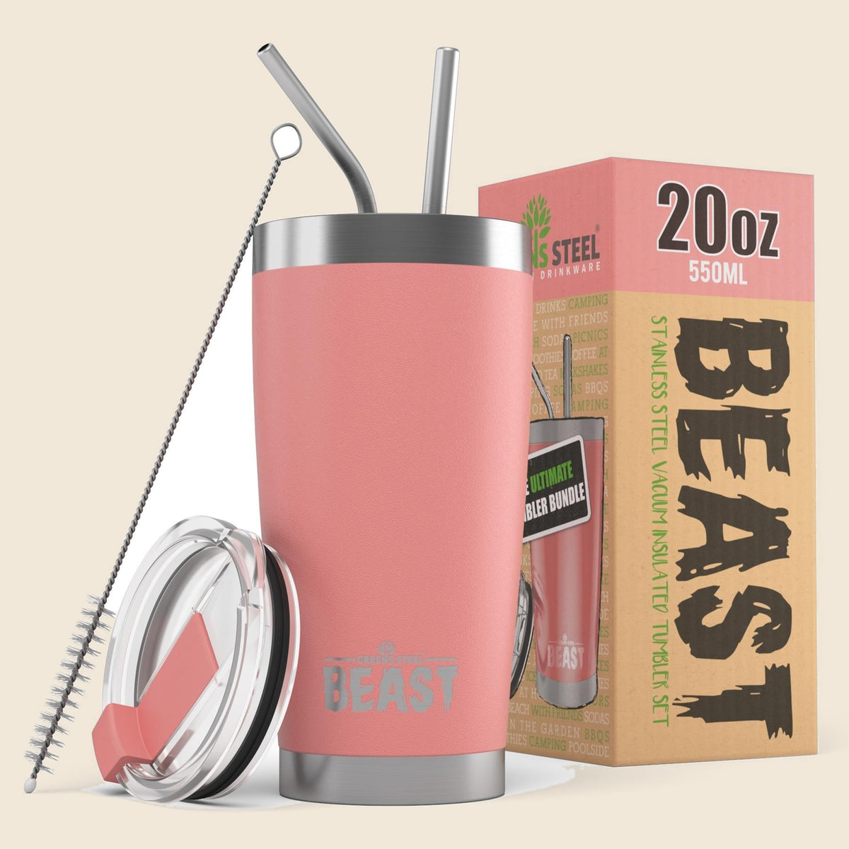 Insulated stainless steel travel tumbler with lid and straws – S0672109404