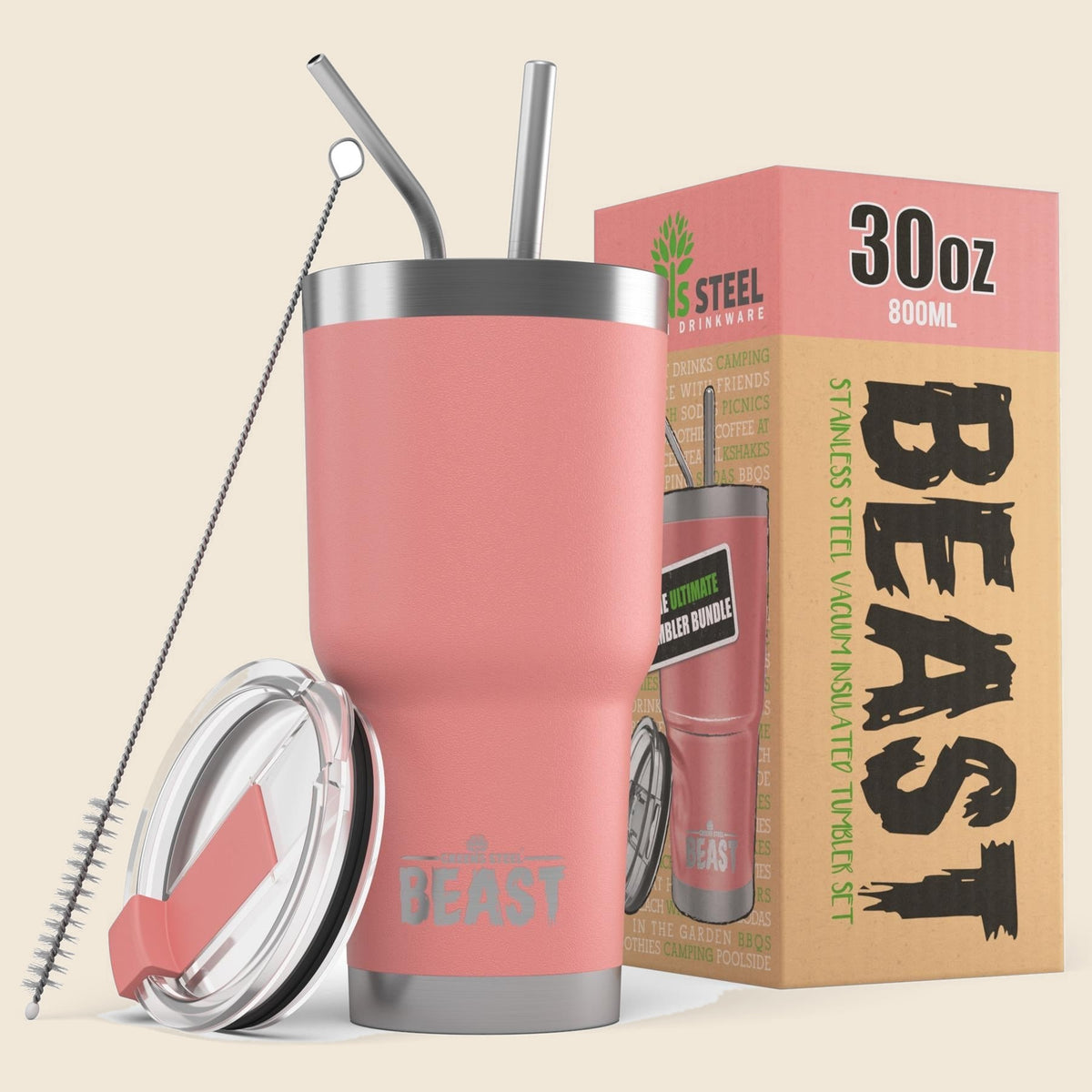 Insulated stainless steel travel tumbler with lid and straws – S0672109405
