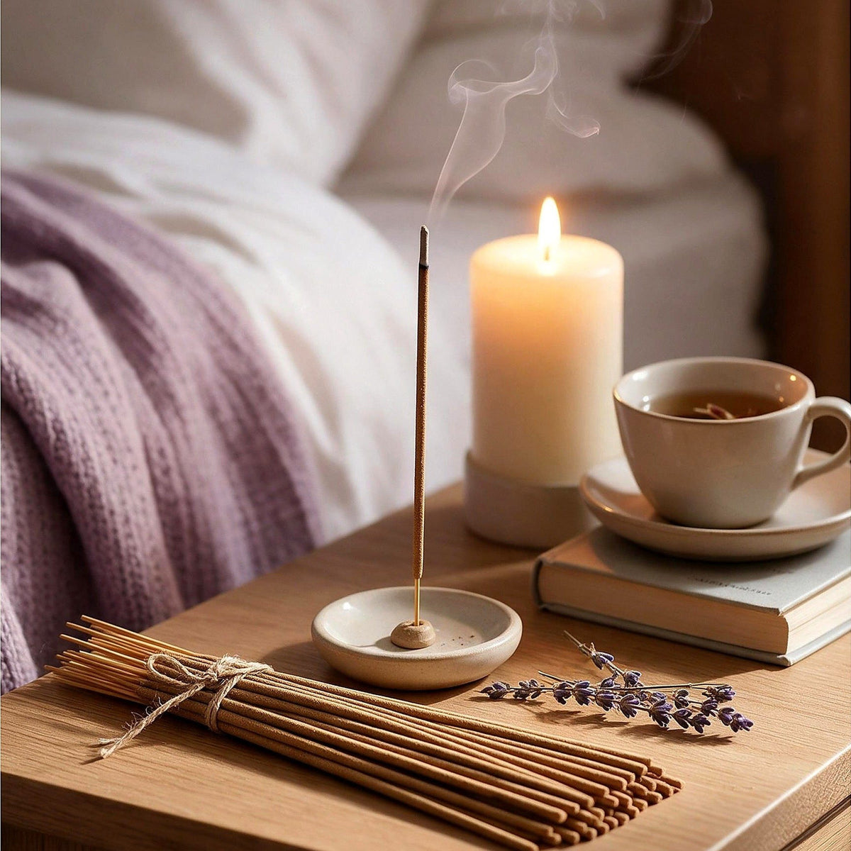 Lavender incense stick burning on a bedside table