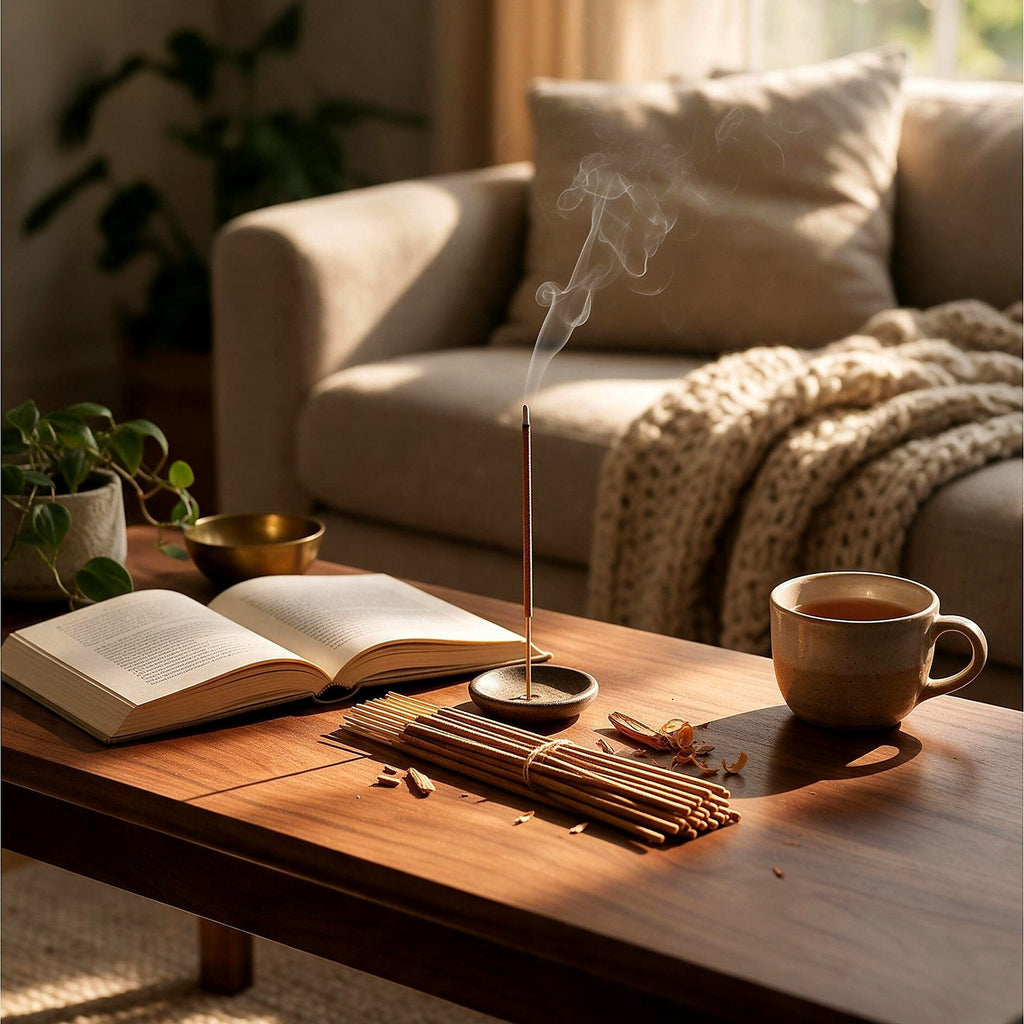 Sandalwood incense stick burning on a coffee table