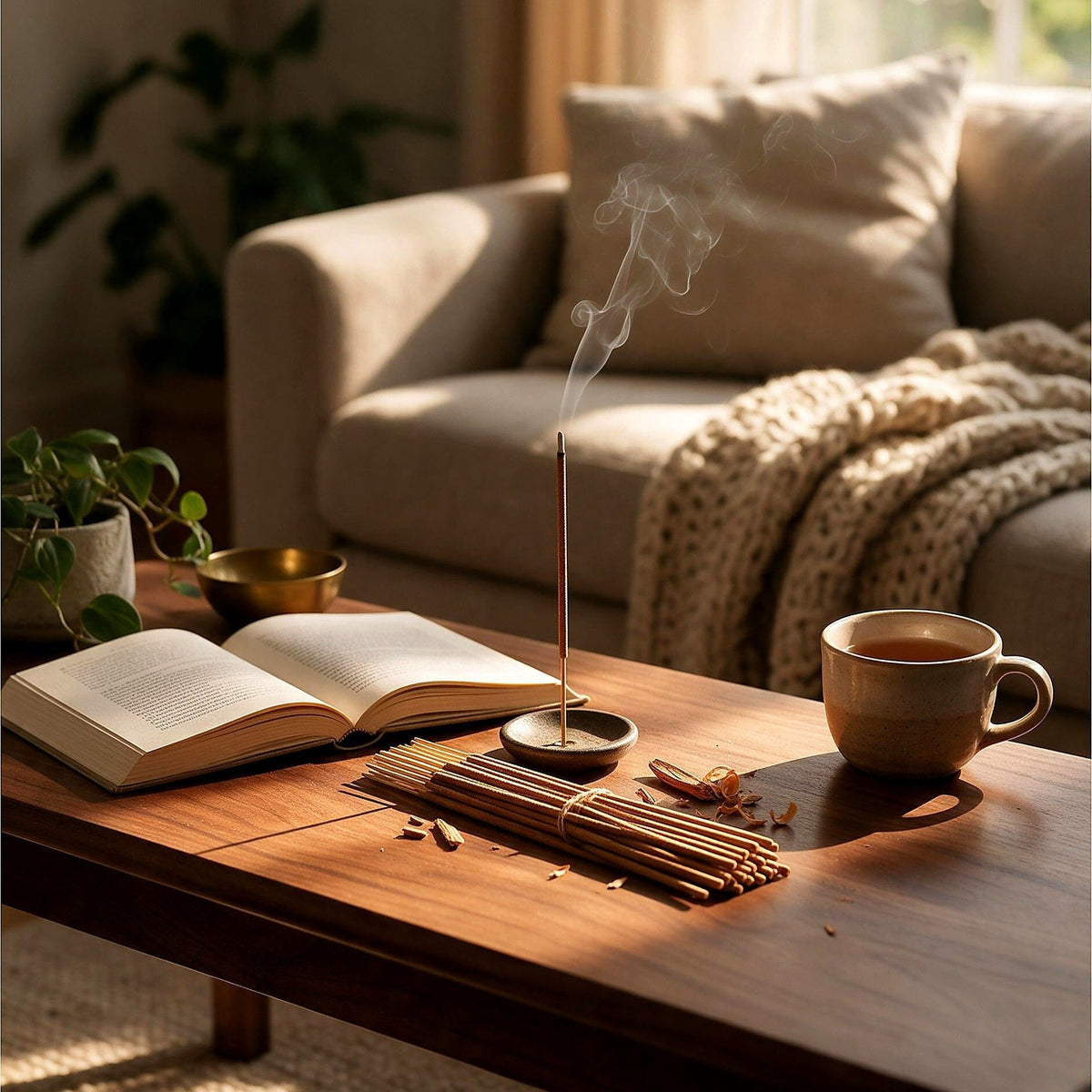 Sandalwood incense stick burning on a coffee table
